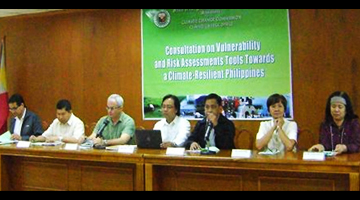 L-R: Dr. Rex Victor Cruz – dean, UPLB-CFNR; Dr. Juan Pulhin – associate professor, UPLB-CFNR; Dr. Peter Urich – managing director, SIMCLIMsystems; Commissioner Naderev Saño – Philippine Climate Change Commission; Dr. Danilo Cardenas – deputy executive director for R&D, PCARRD-DOST; Ms. Lourdes Tibig – research fellow/Manila Observatory and Climate Change Consultant/Rice Watch and Action Network; and Dr. Ma. Leonila Bautista – associate scientist, PHIVOLCS-DOST.