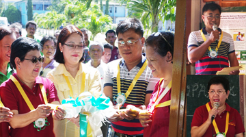 At the launching (L-R). WPU president Elsa Manarpaac, PCAARRD representative Audrey Lapitan, and Bataraza councilor Ed Sagum as they formally launch the FITS center of Bataraza.