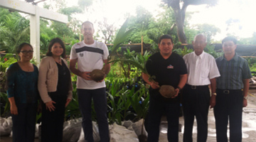 Photo shows Azkals coach Thomas Dooley and Azkals manager Dan Palami (center) during their visit at the Institute of Plant Breeding (IPB). Together with the two Azkals representatives were (from left to right) Dr. Hayde Galvez of the Institute of Plant Breeding (IPB); Maria Teresa Bien de Guzman, PCAARRD Deputy Executive Director for R&D; Dr. Ponciano Batugal, PCAARRD Chair of the Coconut and Palm Oil Industry Cluster, and Dr. Johnny Batalon of PCAARRD Crops Research Division.