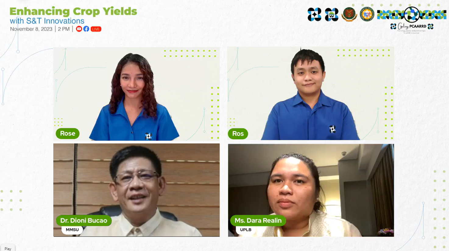 Crops Research Division (CRD) staff members and webinar hosts Ms. Rosemarie A. De Castro (upper left) and Mr. Eiros Colins R. Penido (upper right) with speakers Dr. Dionisio S. Bucao (bottom left) and Asst. Prof. Dara Maria A. Fabro-Realin (bottom right) during the livestreaming of the webinar, “Enhancing Crop Yields with S&amp;T Interventions,” on Facebook and YouTube.