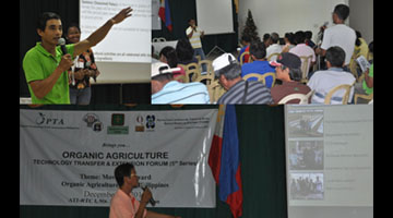 Clockwise: (1) Mr. Ashley Lamaton talks about organic rice production; (2) Mr. Onofre Balantac discusses with a co-farmer his organic garlic production practices ; and 3) Mr. Jaime Navarro presents the results of his project on organic tomato production. 