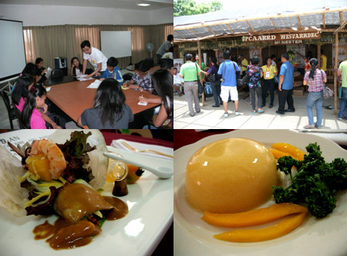 A glimpse of the Manggahan – (Clockwise) briefing of the essay writing contestants, PCAARRD-WESVARRDEC exhibit, mango-based appetizer and pudding. (Photos by Apple Itchon, S&T Media Service)